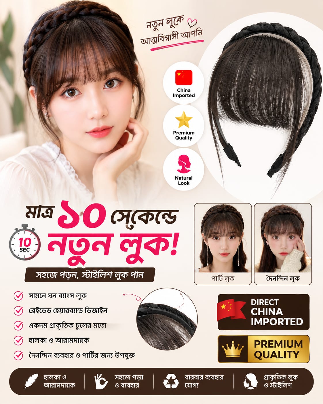 Braided Hair Band with Natural Bangs - Direct China Imported | Premium Quality