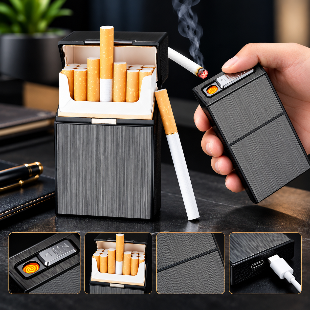 2-in-1 Premium Metal Cigarette Case With USB Rechargeable Lighter | 20 Cigarettes Capacity | Direct Import from China